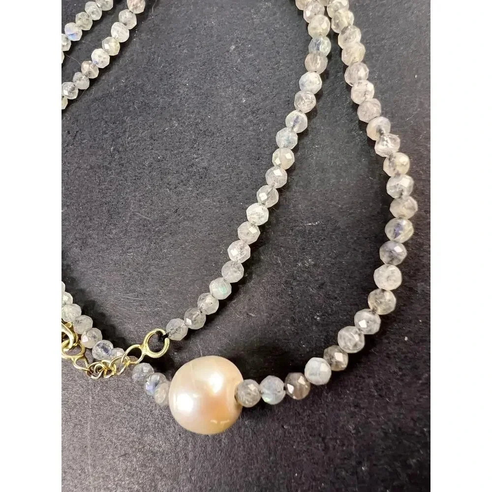 Labradorite and cultured pearl necklace with sterling silver lobster claw clasp